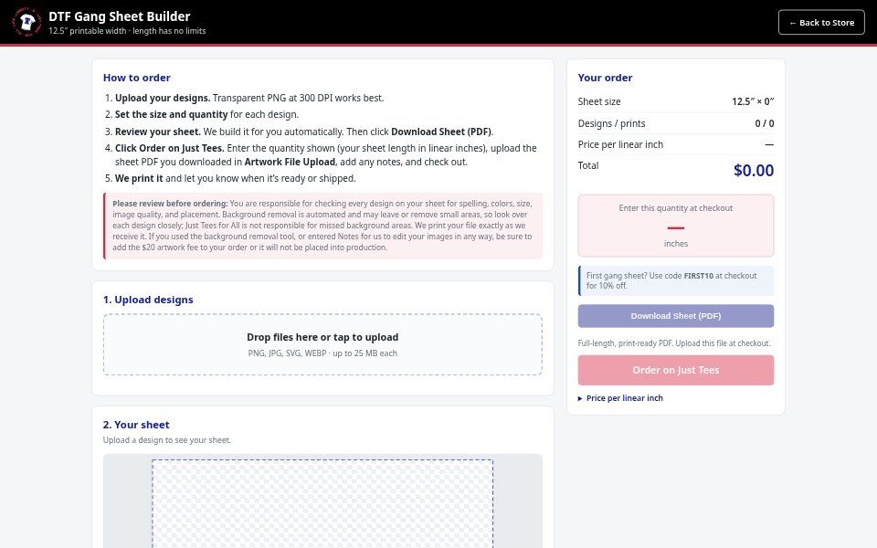 DTF Gang Sheet Builder open on a laptop screen